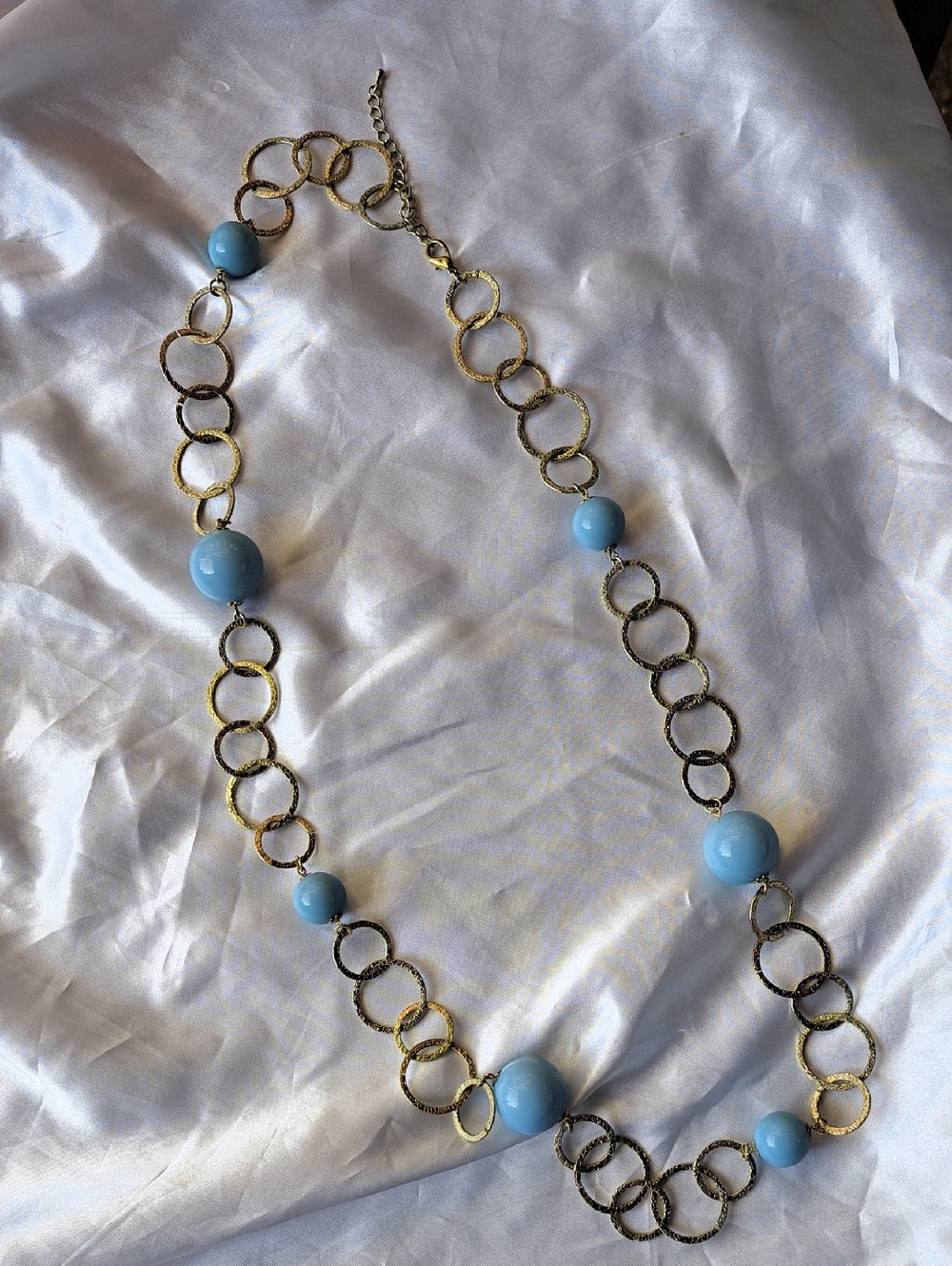 Gold Chain Necklace with Sky Blue Beads - Could Be Worn As A Belt